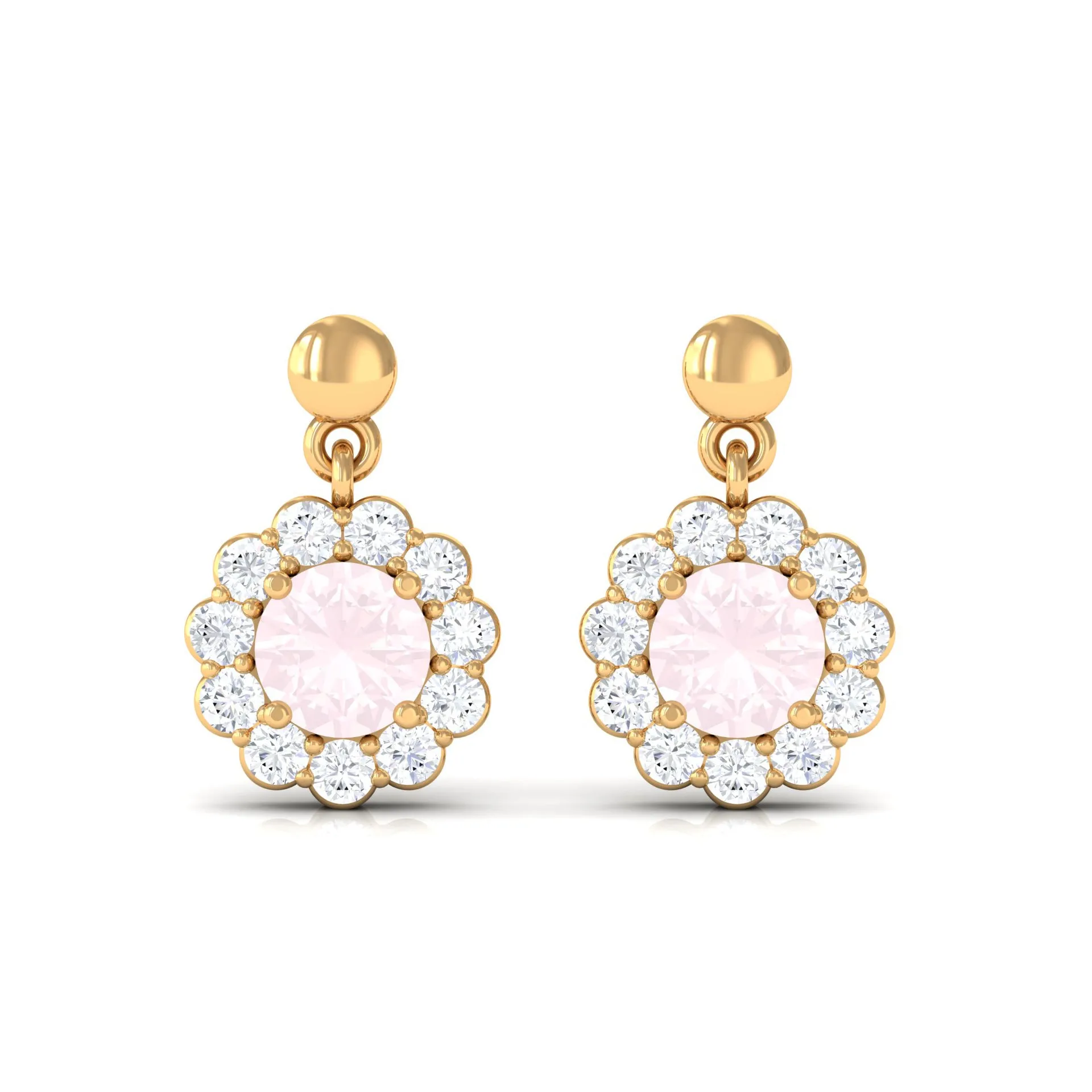 1 CT Real Rose Quartz and Diamond Flower Halo Drop Earrings