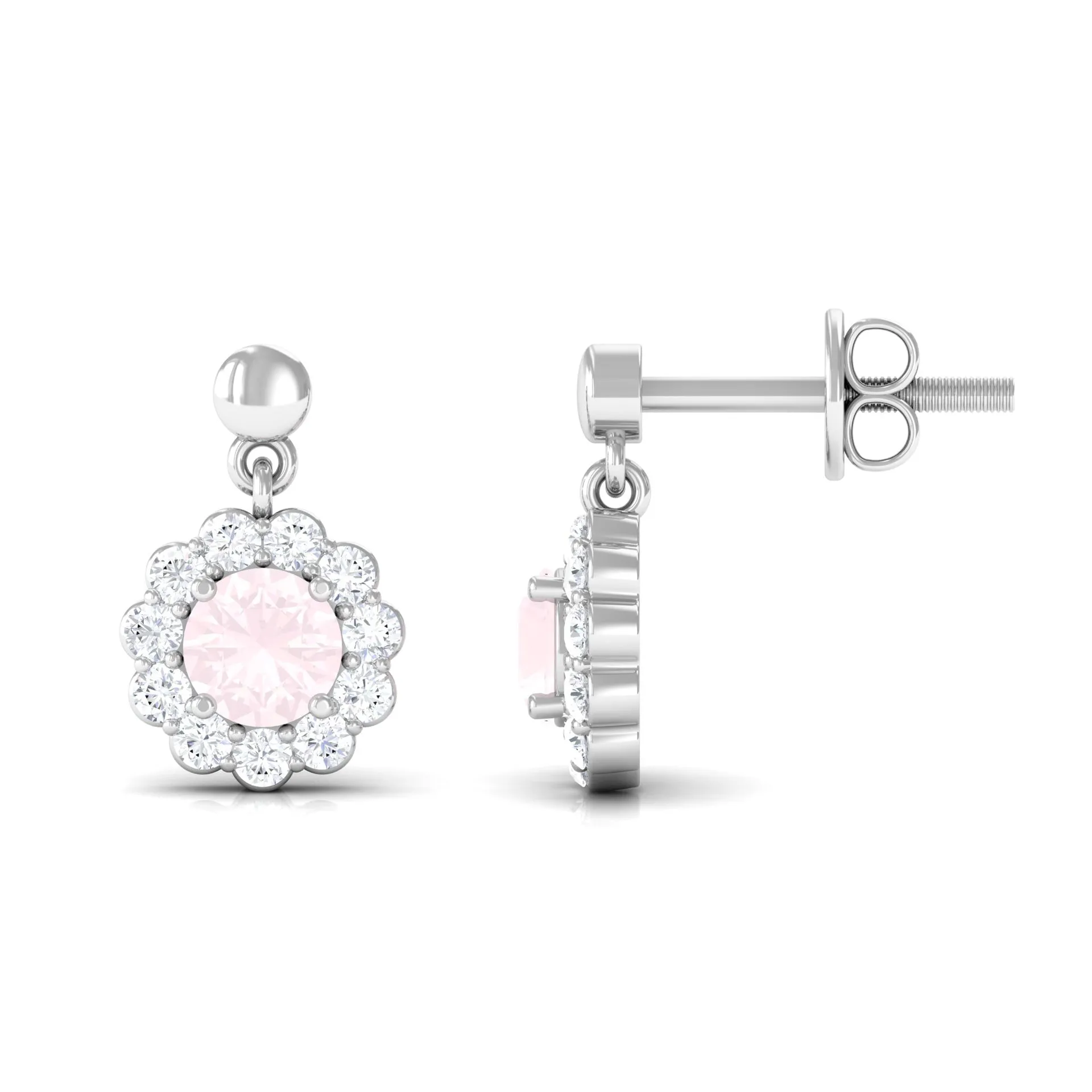 1 CT Real Rose Quartz and Diamond Flower Halo Drop Earrings