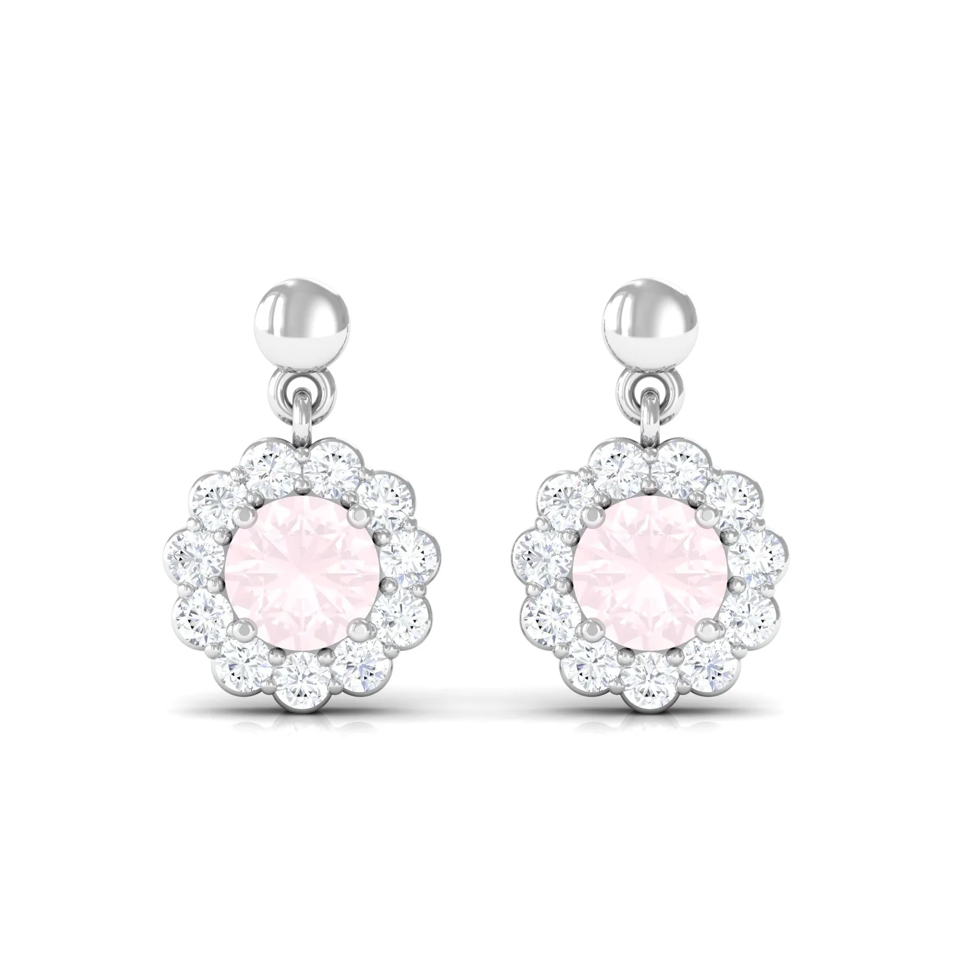 1 CT Real Rose Quartz and Diamond Flower Halo Drop Earrings