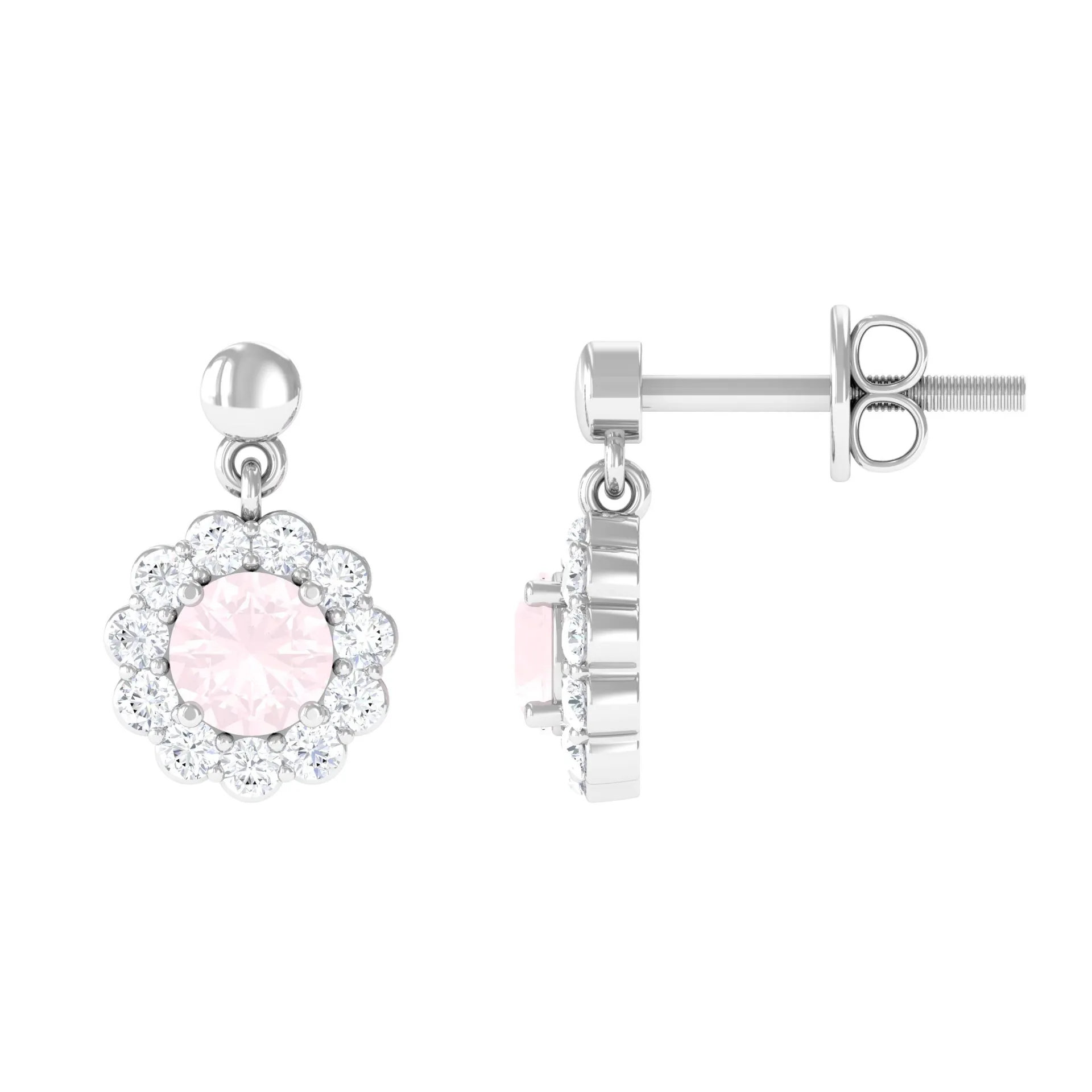 1 CT Real Rose Quartz and Diamond Flower Halo Drop Earrings