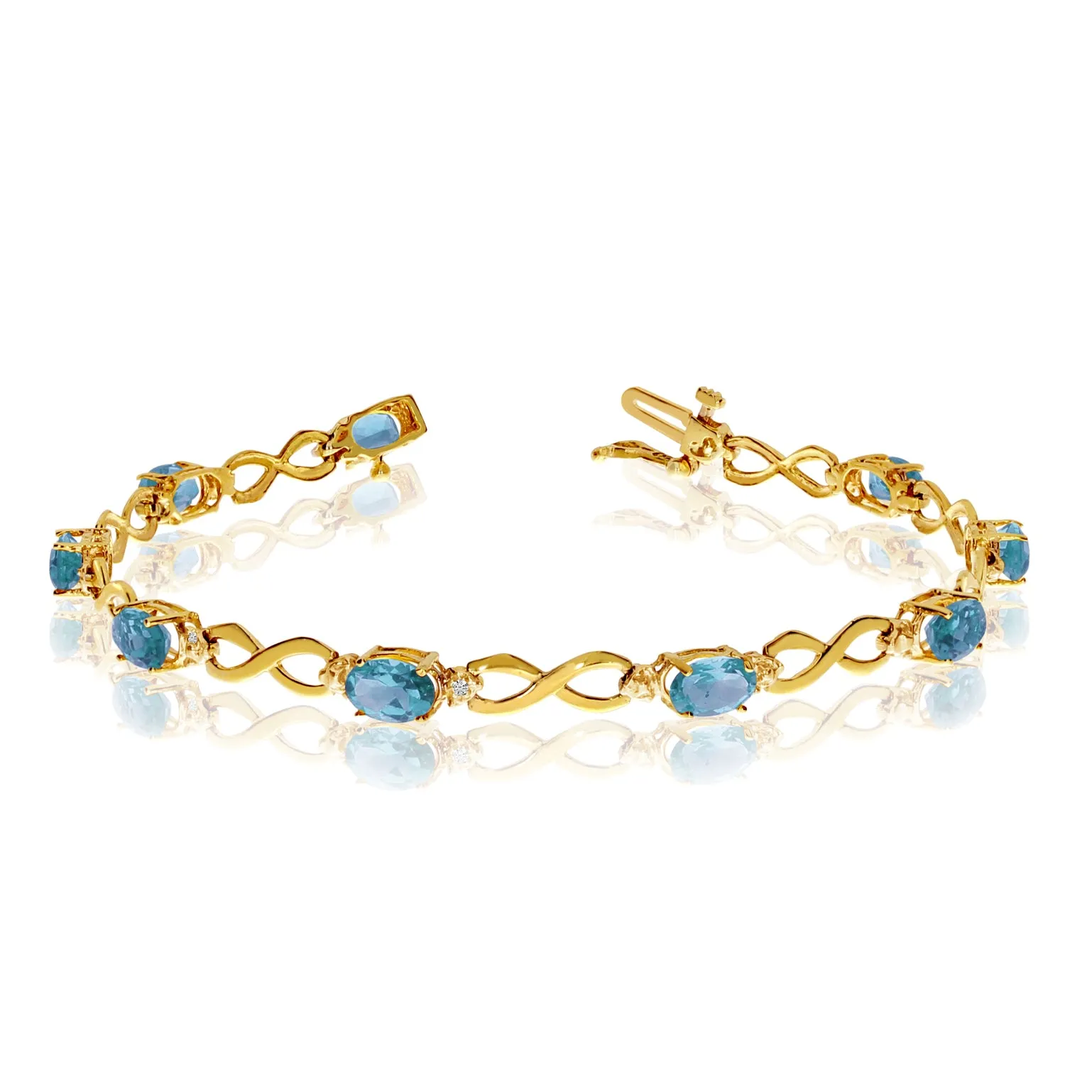 10K Yellow Gold Oval Blue Topaz Stones And Diamonds Infinity Tennis Bracelet, 7"