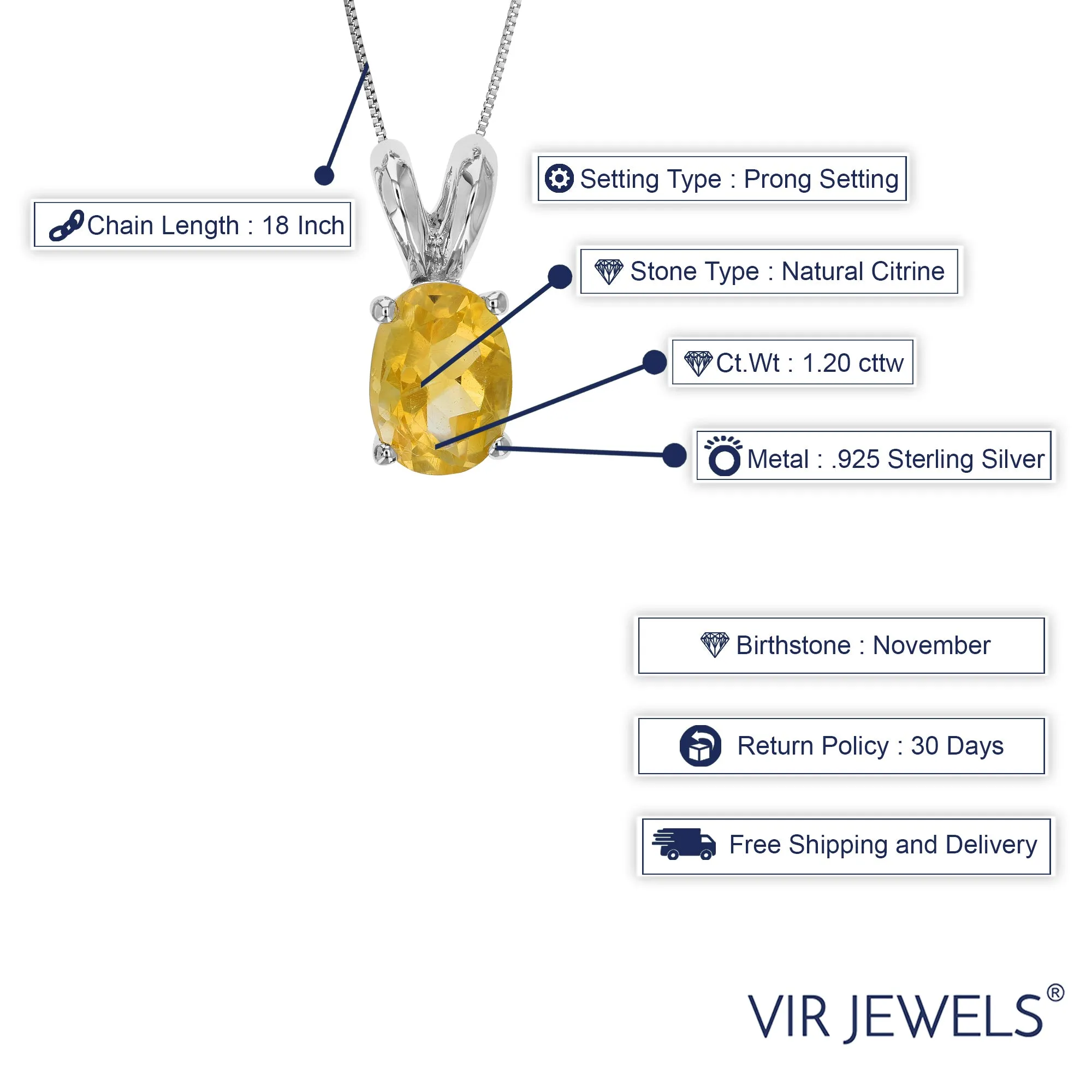 1.20 cttw Citrine Pendant Necklace .925 Sterling Silver With Rhodium 8x6 MM Oval