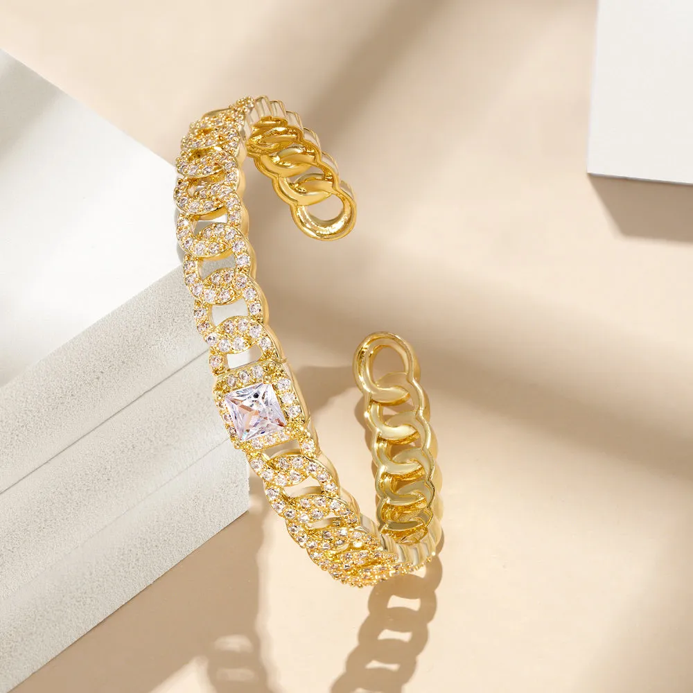 14K Gold Cuff Bangle Bracelets for Women- Zircon