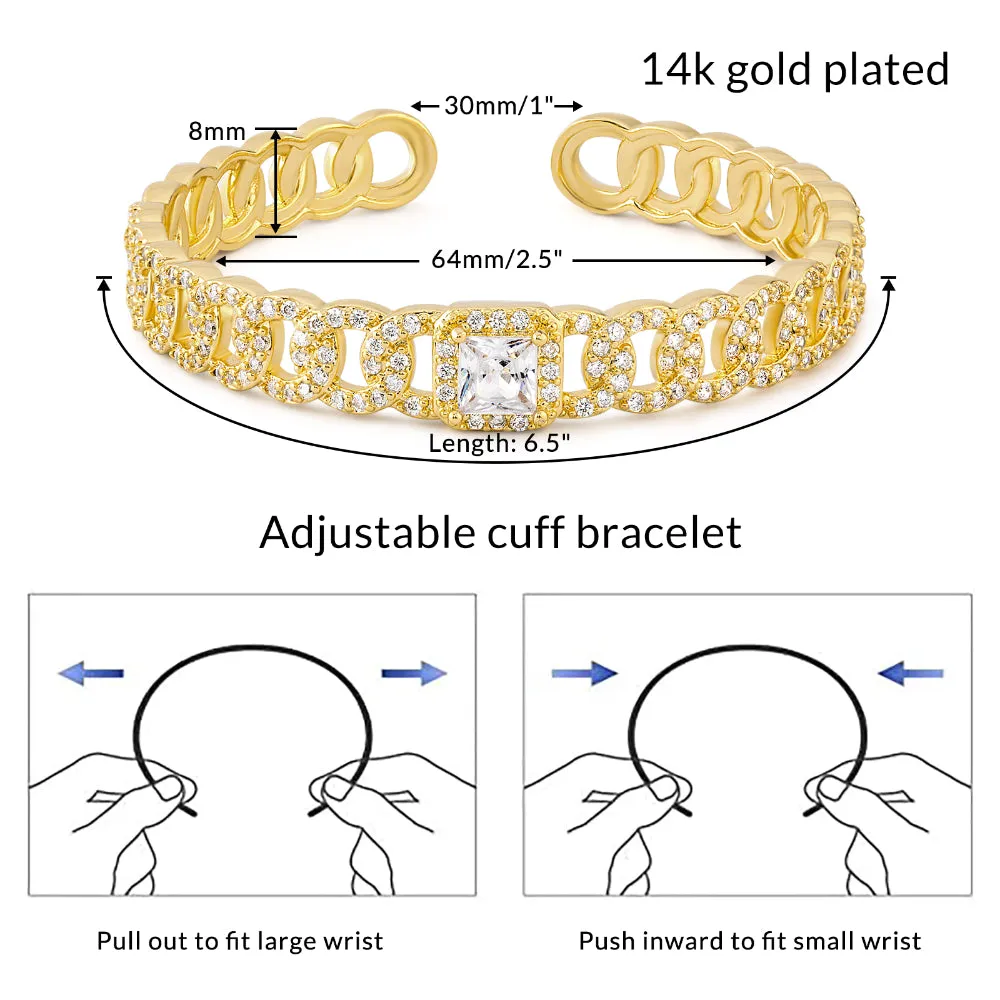 14K Gold Cuff Bangle Bracelets for Women- Zircon