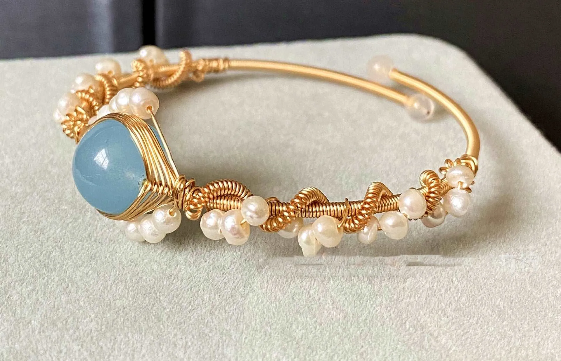 14K Gold Wrapped Sapphire Natural White Pearl Bracelet