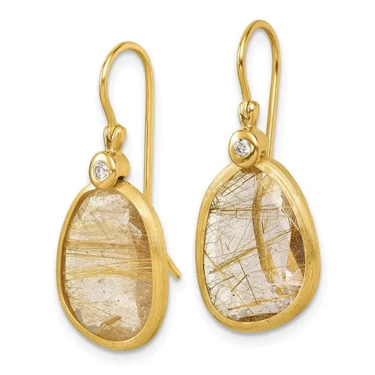 14K Polished Diamond and Rutilated Quartz Dangle Earrings