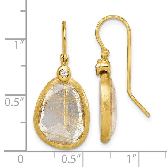 14K Polished Diamond and Rutilated Quartz Dangle Earrings