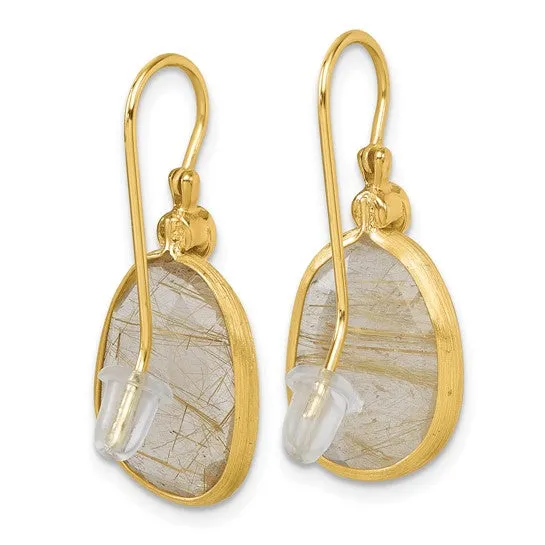 14K Polished Diamond and Rutilated Quartz Dangle Earrings