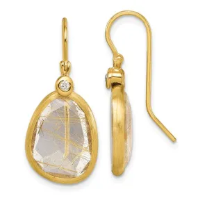 14K Polished Diamond and Rutilated Quartz Dangle Earrings