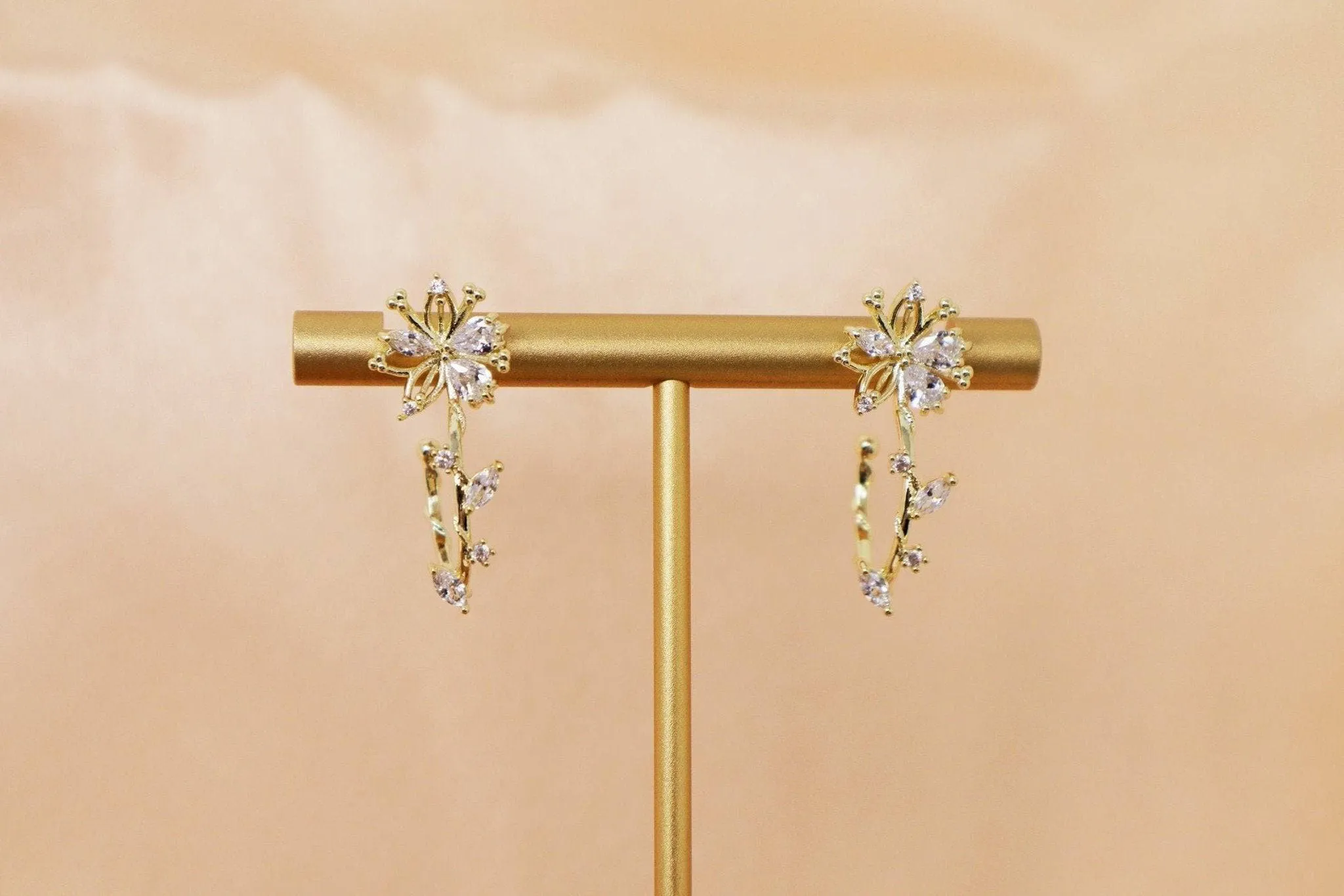 14k Real Gold Crystal Leaves, Flower Exquisite Bridal Earrings, Statement Earrings, Stud Earrings