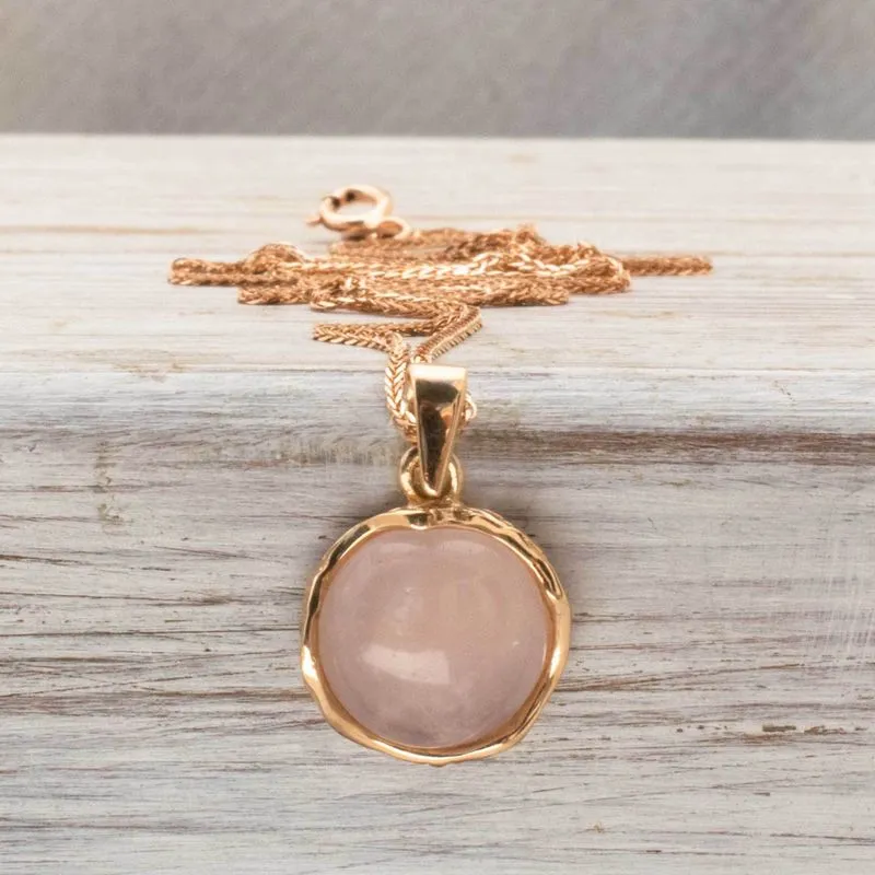 14K Rose Gold Round Pink Rose Quartz 12mm Pendant