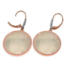 14K Solid Rose Gold Diamonds Leverback Earrings w/ Checkerboard Cut Rose Quartz