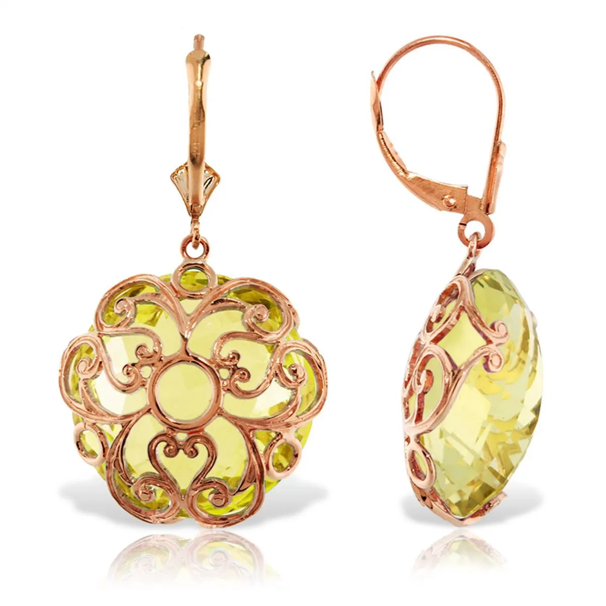 14K Solid Rose Gold Leverback Earrings Round Lemon Quartz Jewelry