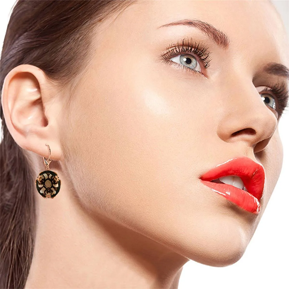 14K Solid Rose Gold Leverback Earrings Round Smoky Quartz Gemstone