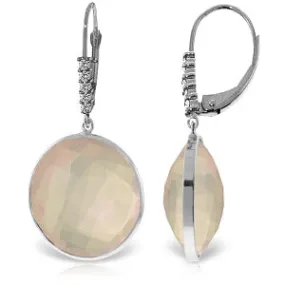 14K Solid White Gold Diamonds Leverback Earrings w/ Checkerboard Cut Rose Quartz