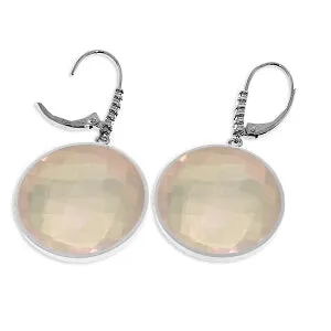 14K Solid White Gold Diamonds Leverback Earrings w/ Checkerboard Cut Rose Quartz