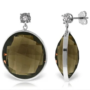 14K Solid White Gold Diamonds Stud Earrings w/ Dangling Checkerboard Cut Smoky Quartz