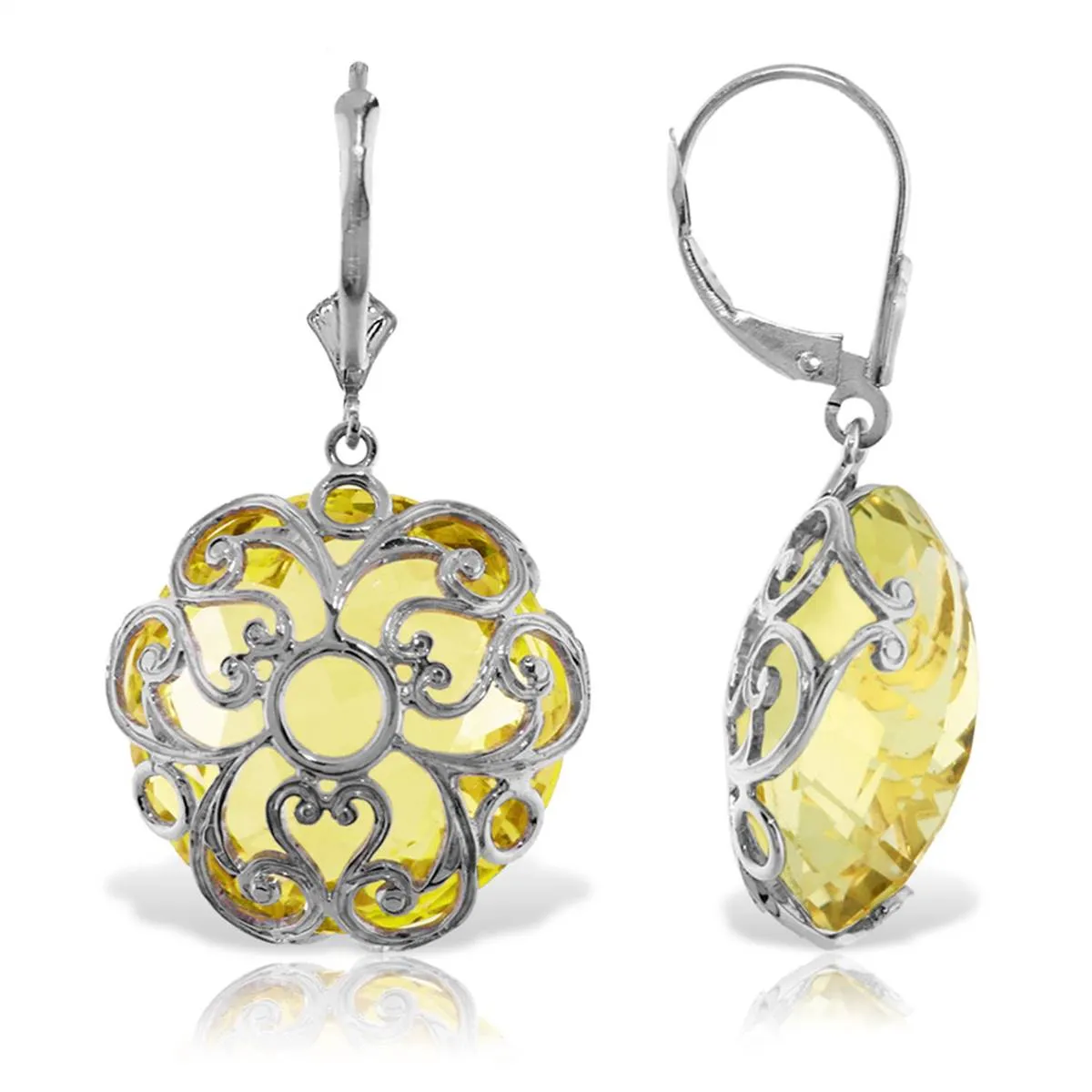 14K Solid White Gold Leverback Earrings Round Lemon Quartz