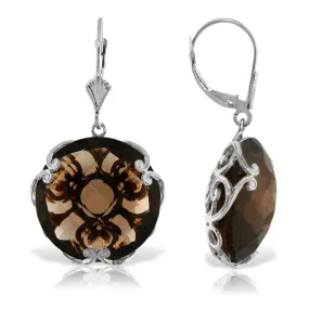 14K Solid White Gold Leverback Earrings Round Smoky Quartz