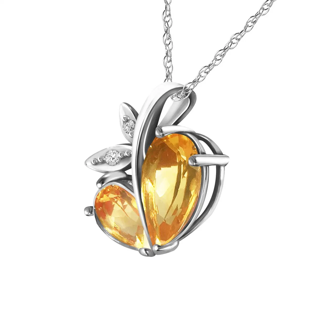 14K Solid White Gold Modern Heart Necklace w/ Natural Diamond & Citrines