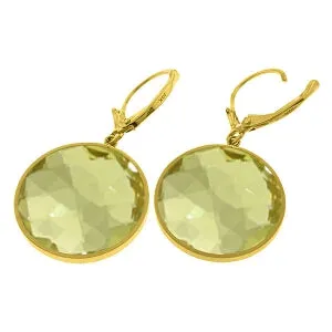 14K Solid Yellow Gold Leverback Checkerboard Cut Round Quartz Lemon Earrings