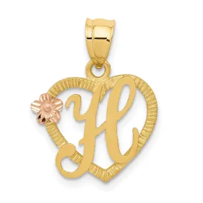 14k Two Tone Gold Heart Flower Design Script Letter H Initial Charm Pendant