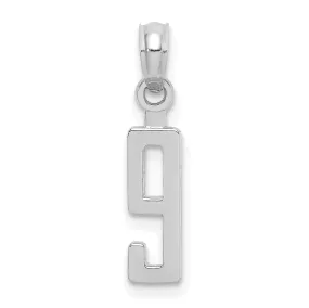 14K White Gold Polished Finished Block Script Design Number 9 Charm Pendant