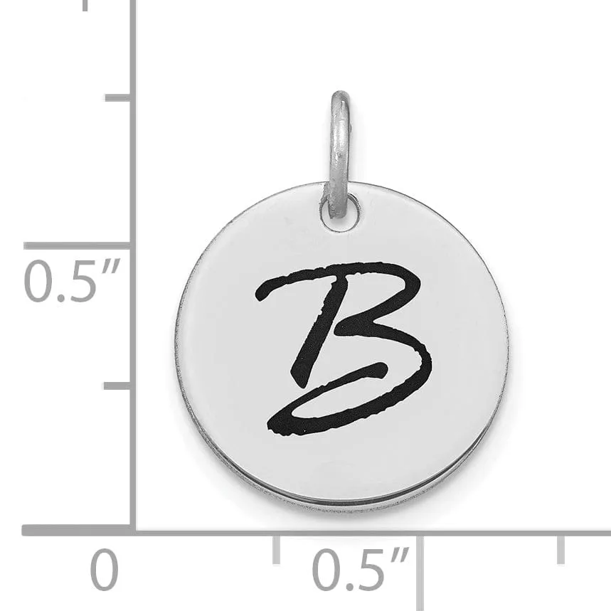 14k White Gold Polished Rhodium Black Epoxy Finish Letter B Initial Disk Shape Charm Pendant