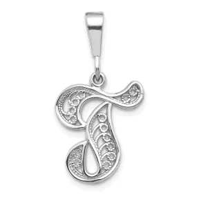 14K White GoldFancy Filigree Script Design Letter T Initial Pendant