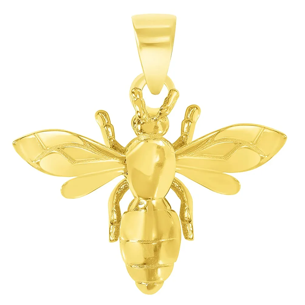 14k Yellow Gold 3D Honey Bee Charm Bumblebee Insect Pendant with Cuban Curb Chain Necklace