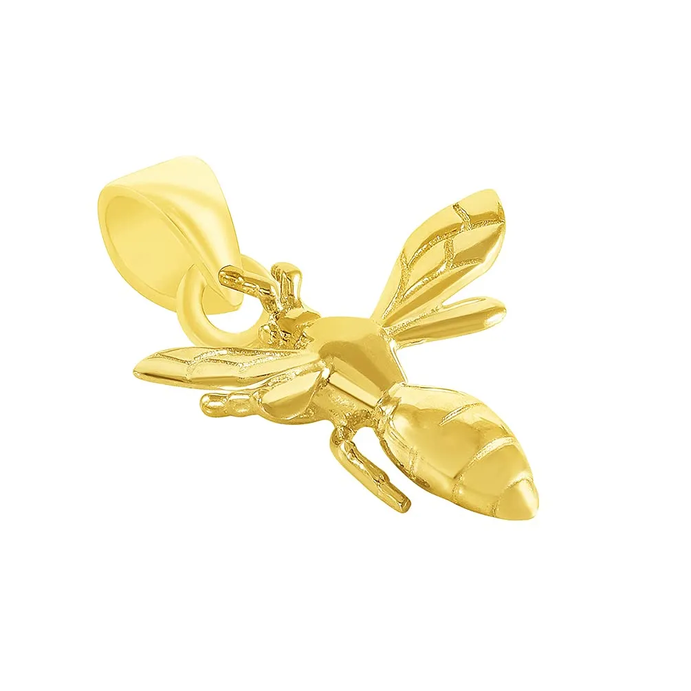 14k Yellow Gold 3D Honey Bee Charm Bumblebee Insect Pendant with Cuban Curb Chain Necklace