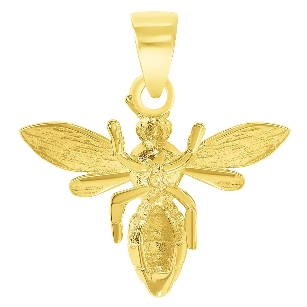 14k Yellow Gold 3D Honey Bee Charm Bumblebee Insect Pendant with Cuban Curb Chain Necklace