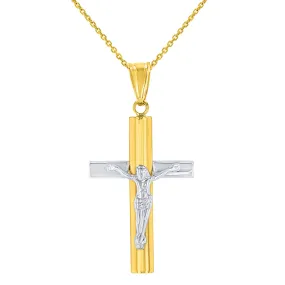 14K Yellow Gold & White Gold Religious Cross Crucifix with Jesus Christ Pendant Necklace