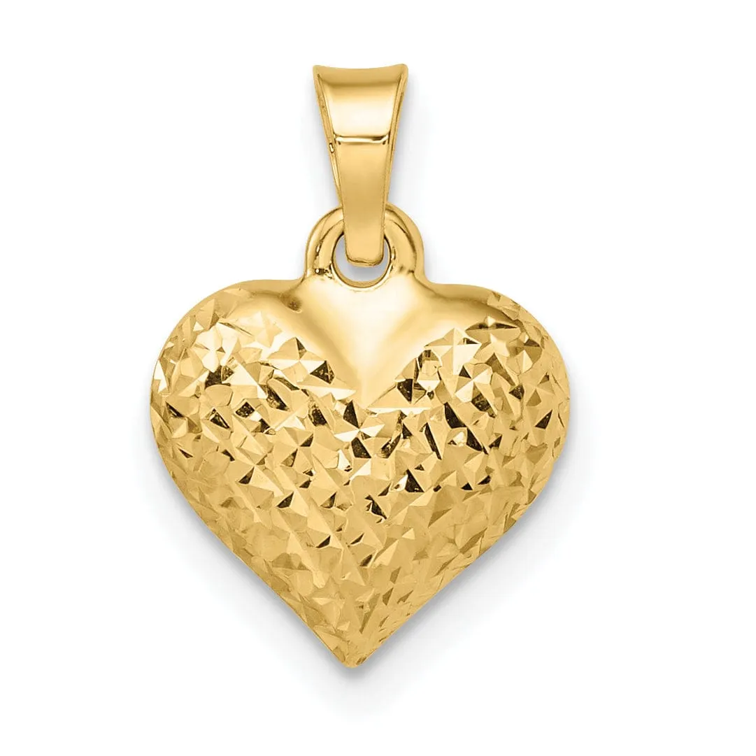 14k Yellow Gold Diamond Cut Polished Finish Semi-Solid Women's 3-Dimensional Medium Size Puffed Heart Design Charm Pendant