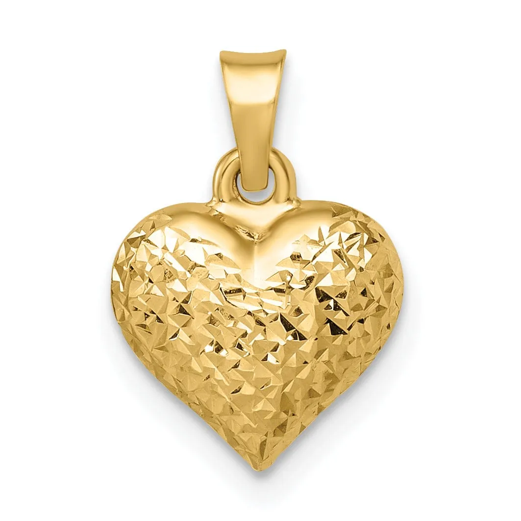 14k Yellow Gold Diamond Cut Polished Finish Semi-Solid Women's 3-Dimensional Medium Size Puffed Heart Design Charm Pendant