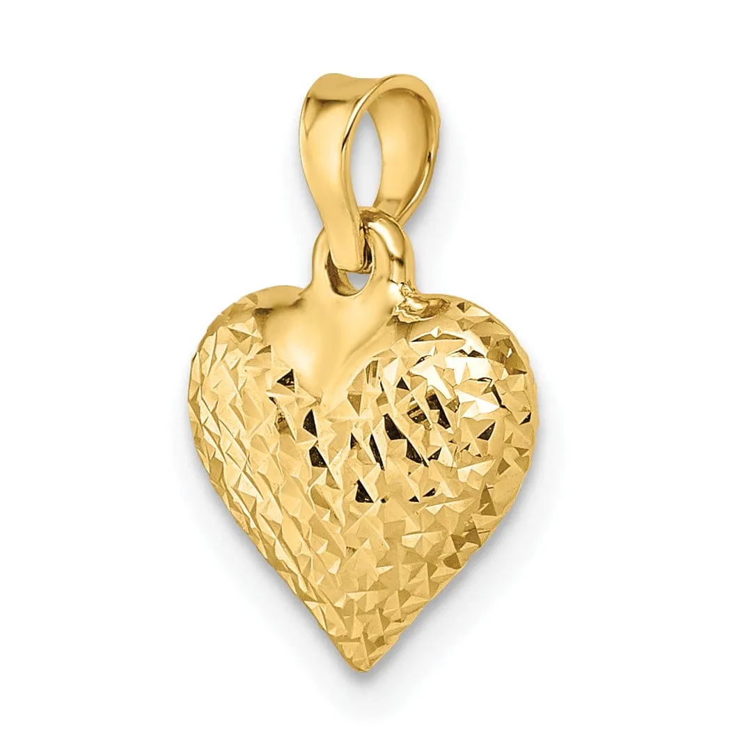 14k Yellow Gold Diamond Cut Polished Finish Semi-Solid Women's 3-Dimensional Medium Size Puffed Heart Design Charm Pendant