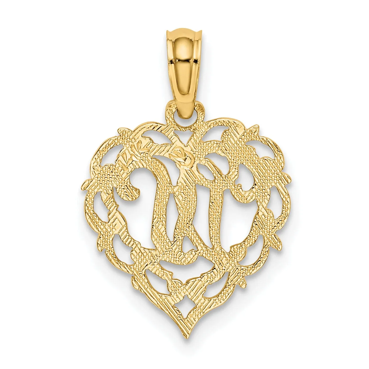 14K Yellow Gold Heart Shape Fancy Script Letter W Initial Charm Pendant