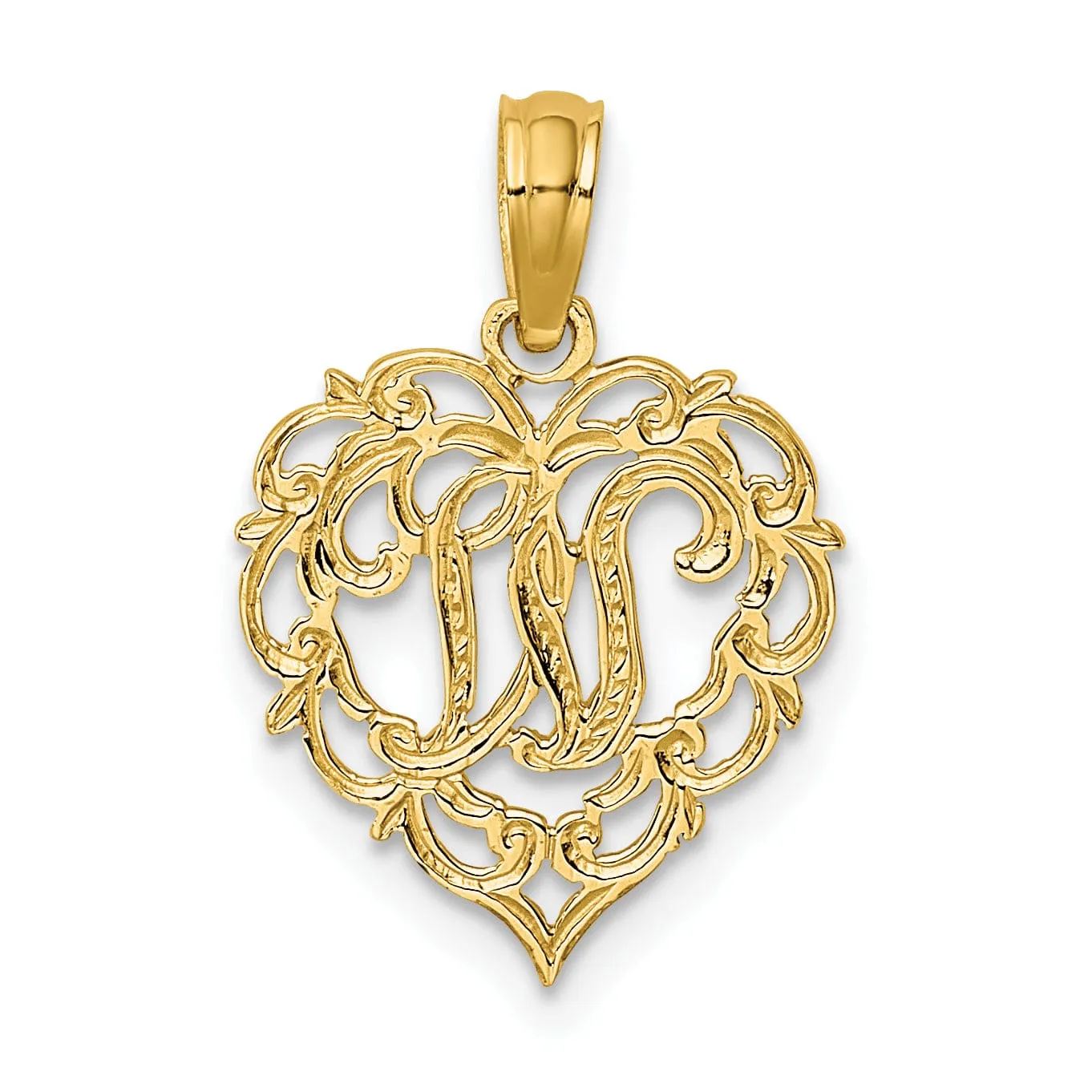 14K Yellow Gold Heart Shape Fancy Script Letter W Initial Charm Pendant