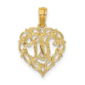 14K Yellow Gold Heart Shape Fancy Script Letter W Initial Charm Pendant