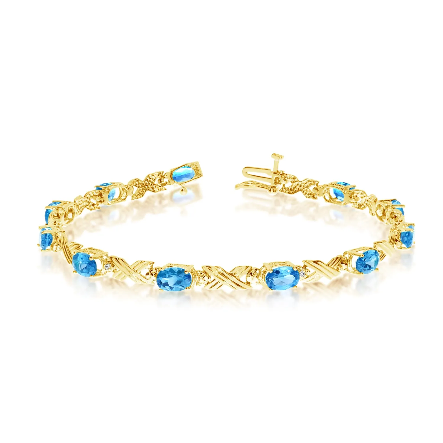 14K Yellow Gold Oval Blue Topaz Stones And Diamonds Tennis Bracelet, 7"