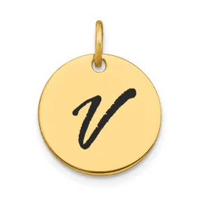 14k Yellow Gold Polished Black Epoxy Finish Letter V Initial Disk Shape Charm Pendant