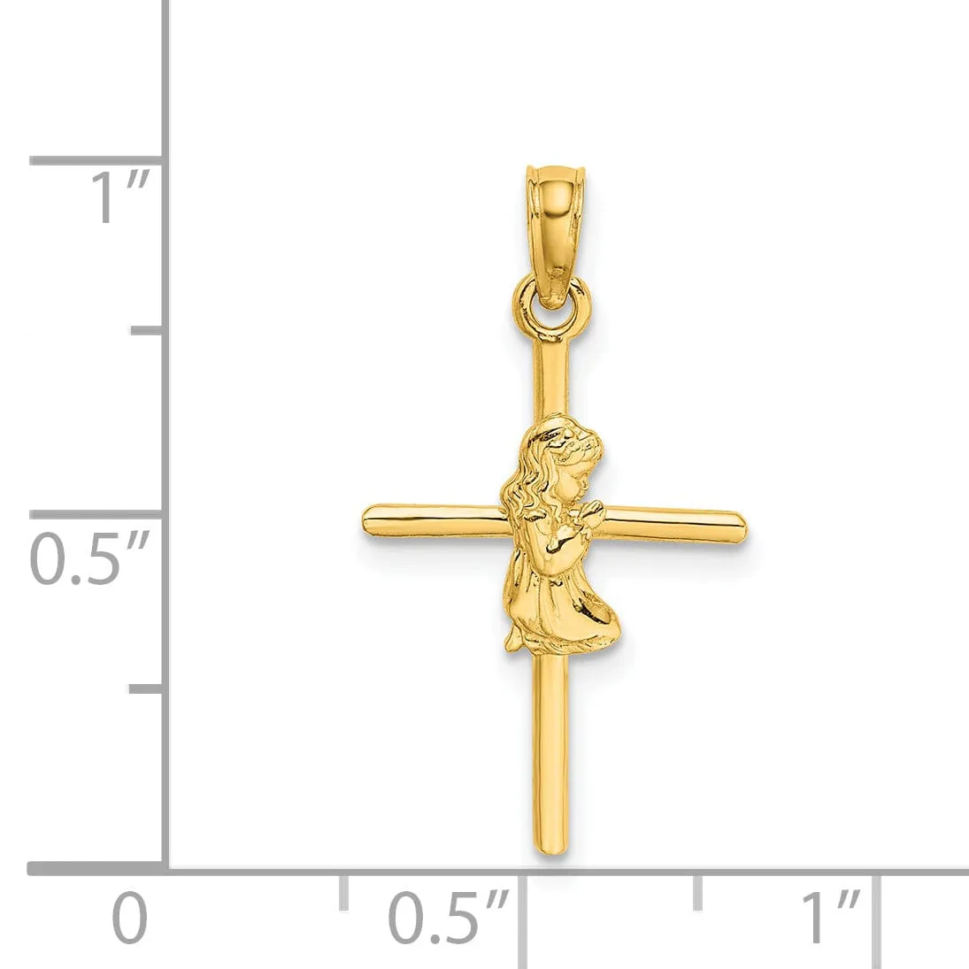 14k Yellow Gold Polished Finish Concave Praying Girl on Cross Pendant