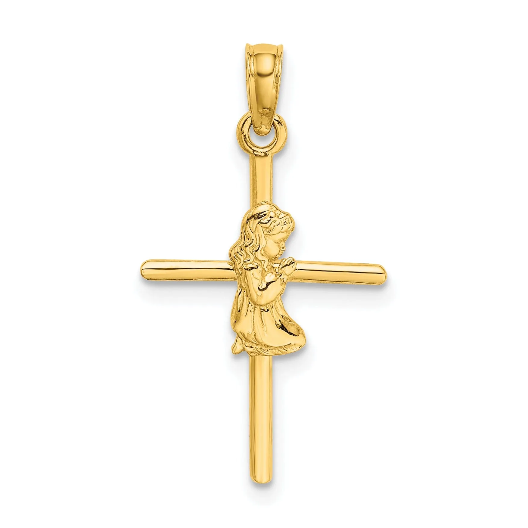 14k Yellow Gold Polished Finish Concave Praying Girl on Cross Pendant