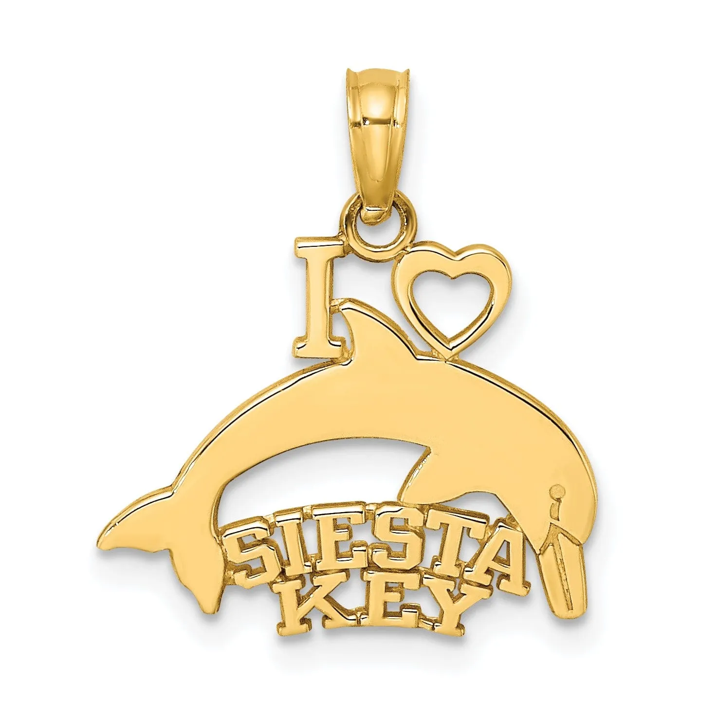 14K Yellow Gold Polished Finish I HEART SIESTA KEY with Dolphin Swimming Charm Pendant