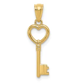 14K Yellow Gold Polished Finish Solid Heart Design Key Charm Pendant