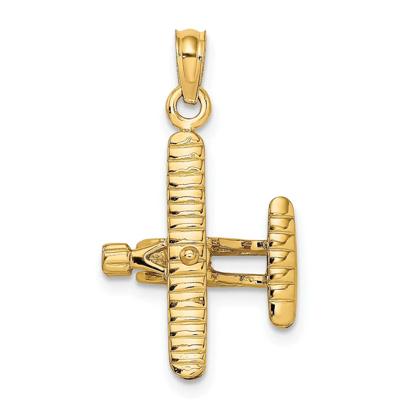 14k Yellow Gold Polished Textured Finish 3-Dimensional Bi-Air Plane with Ribbed Wings Charm Pendant