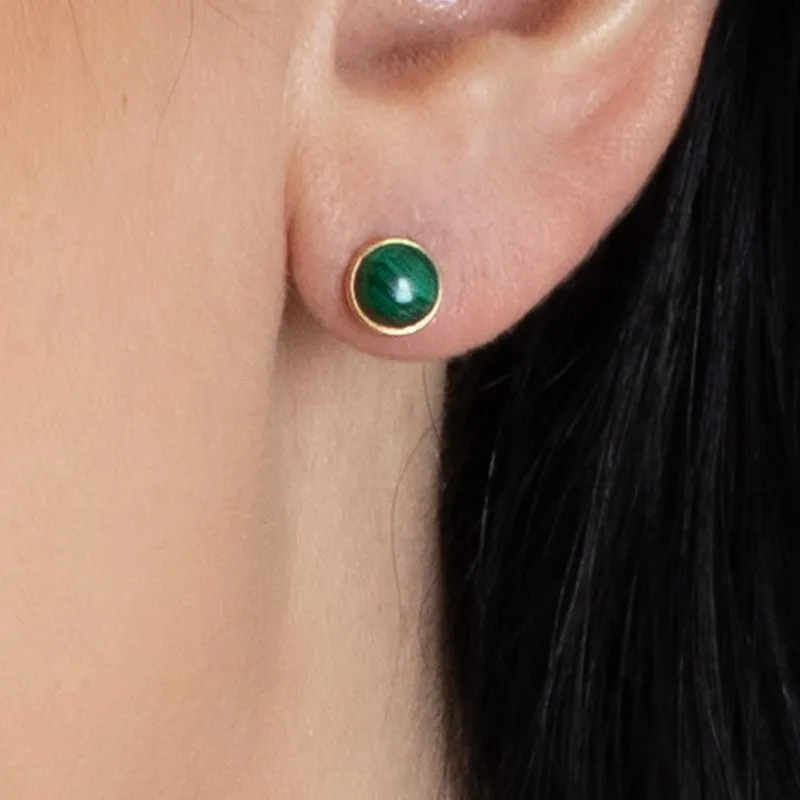 14K Yellow Gold Round Green Malachite 6mm Stud Earrings