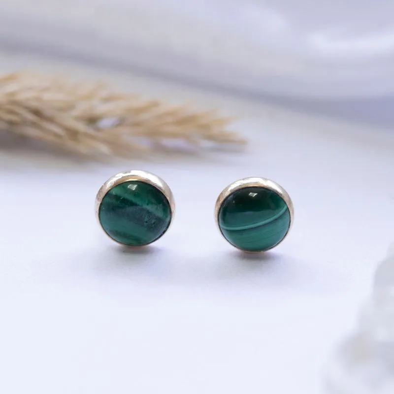 14K Yellow Gold Round Green Malachite 6mm Stud Earrings