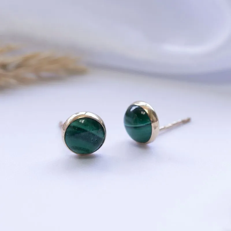 14K Yellow Gold Round Green Malachite 6mm Stud Earrings