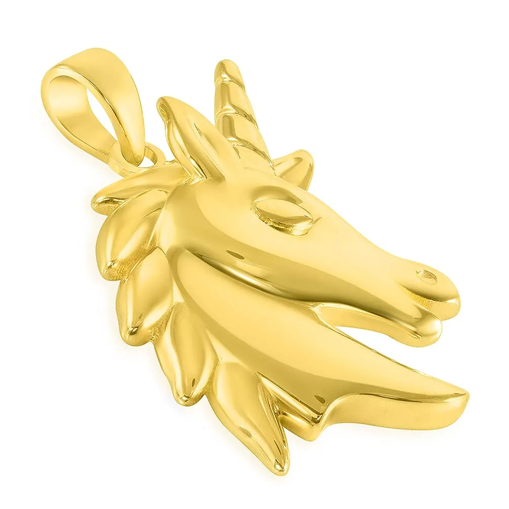 14k Yellow Gold Unicorn Horse Head Mythical Animal Pendant with Cuban Curb Chain Necklace